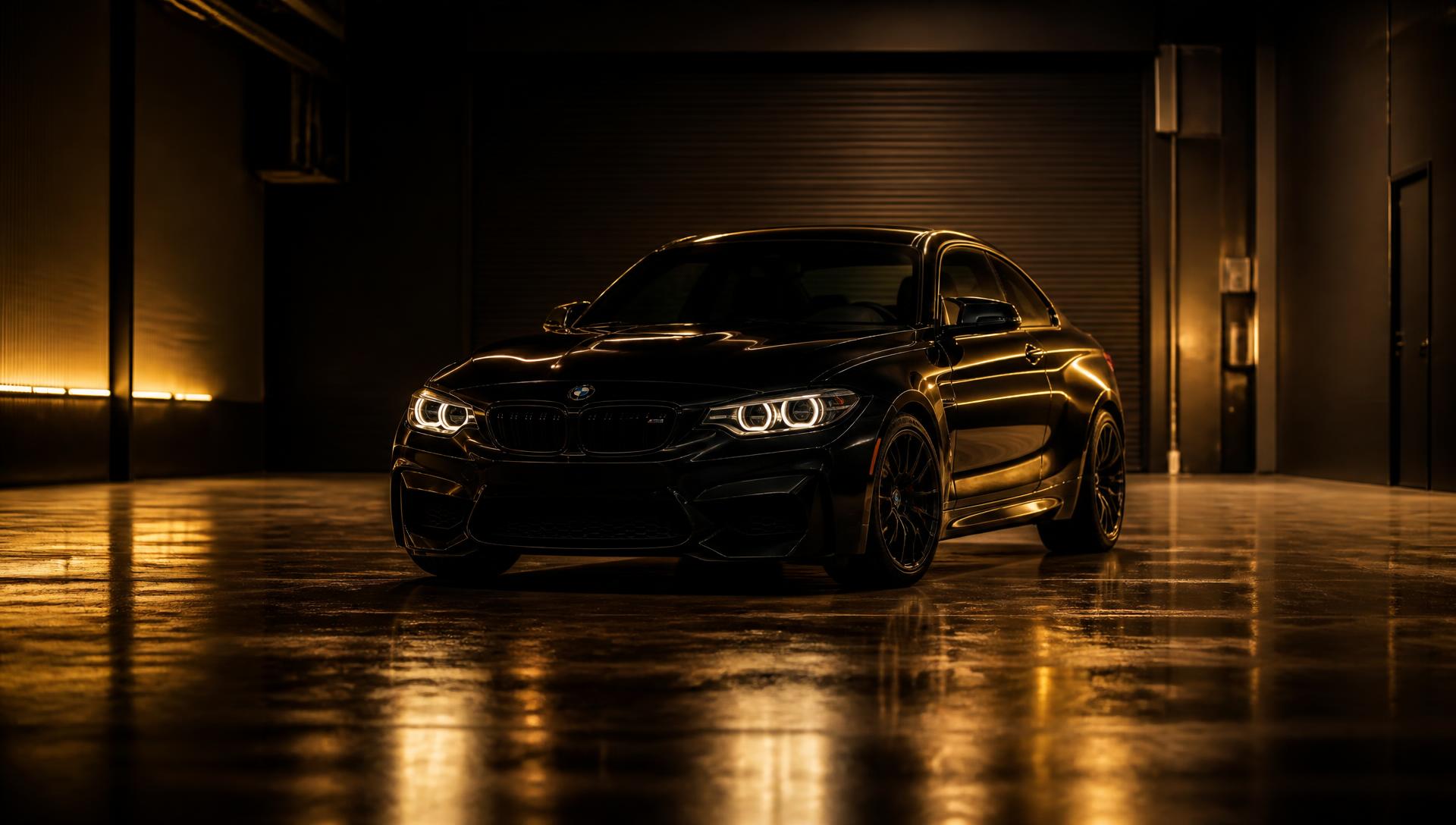 Luxury black car gleaming in a premium detailing studio