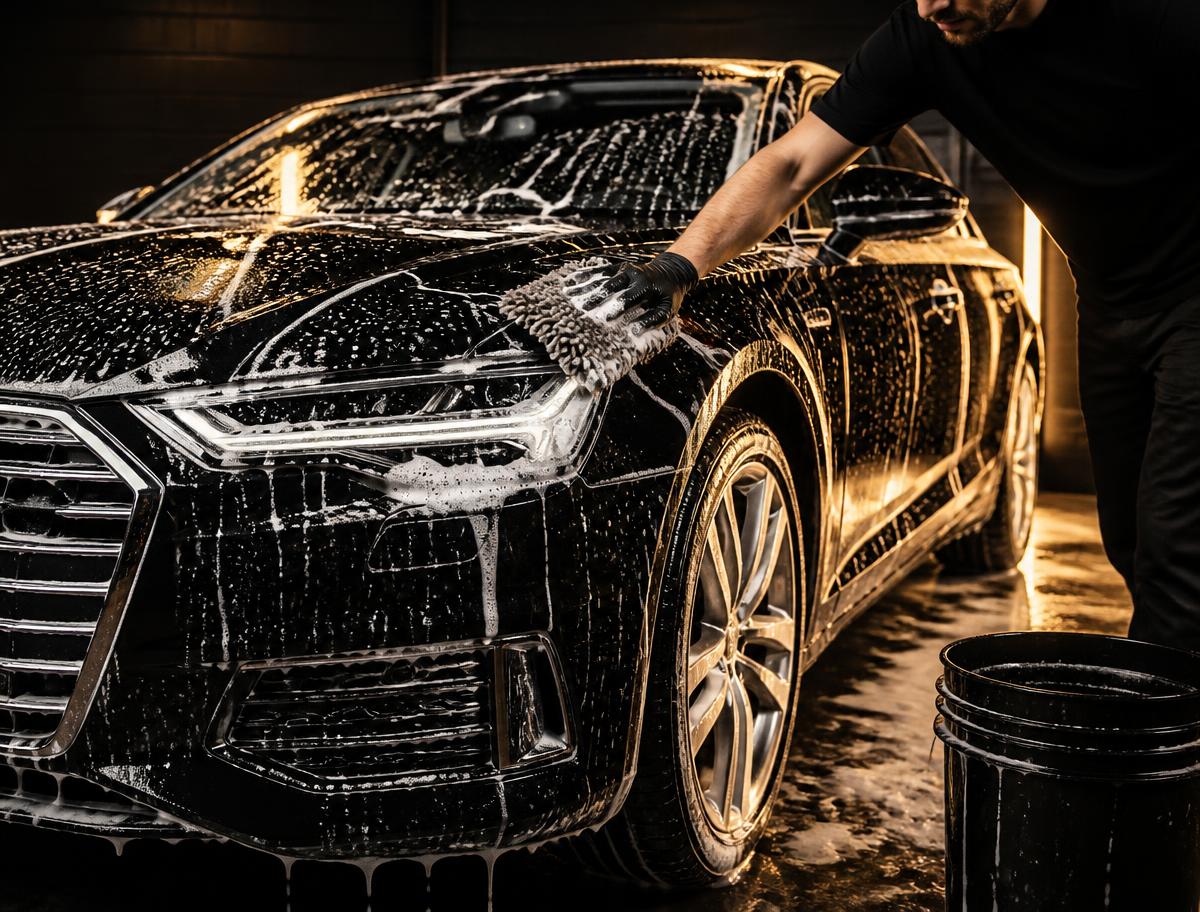 Detailer hand-washing a black car with thick soap suds