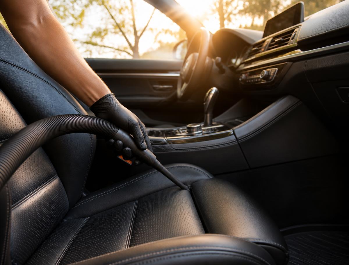 Black leather car interior being deep vacuumed