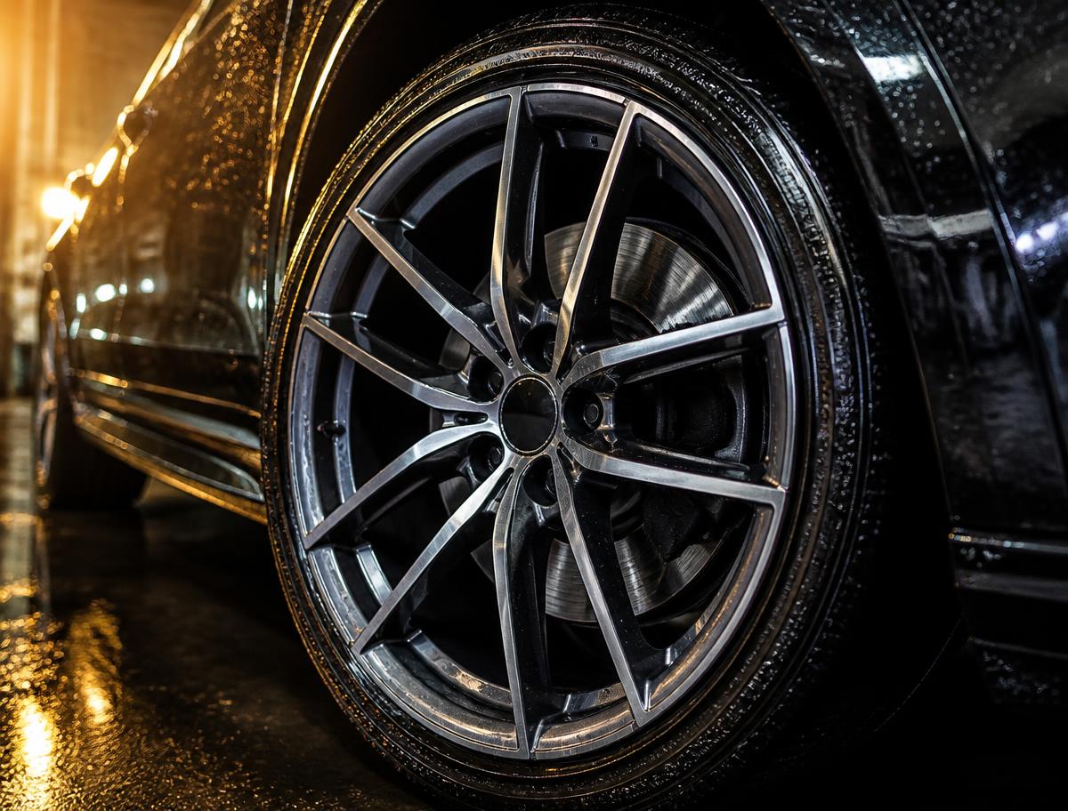 Freshly cleaned and coated glossy alloy wheel on a black car